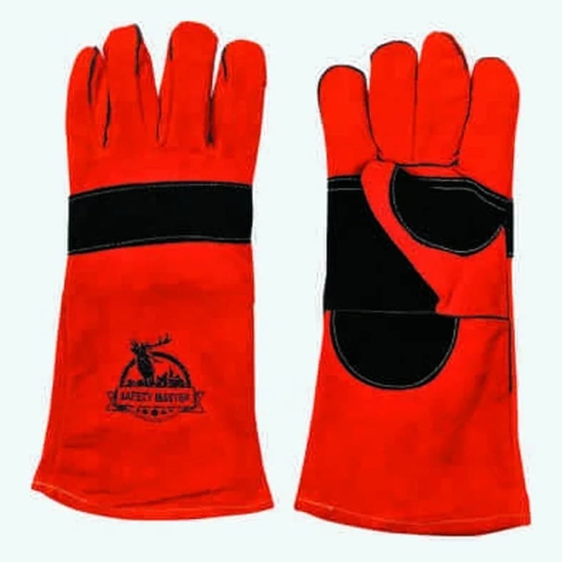 Cowhide welding gloves, fully lined, red, black reinforcement, image 1