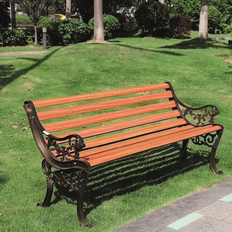 Park skamyası, söykənəcəkli, 120 sm, bürünc naxışlı ayaqlar, açıq lövhələr, şəkil 1