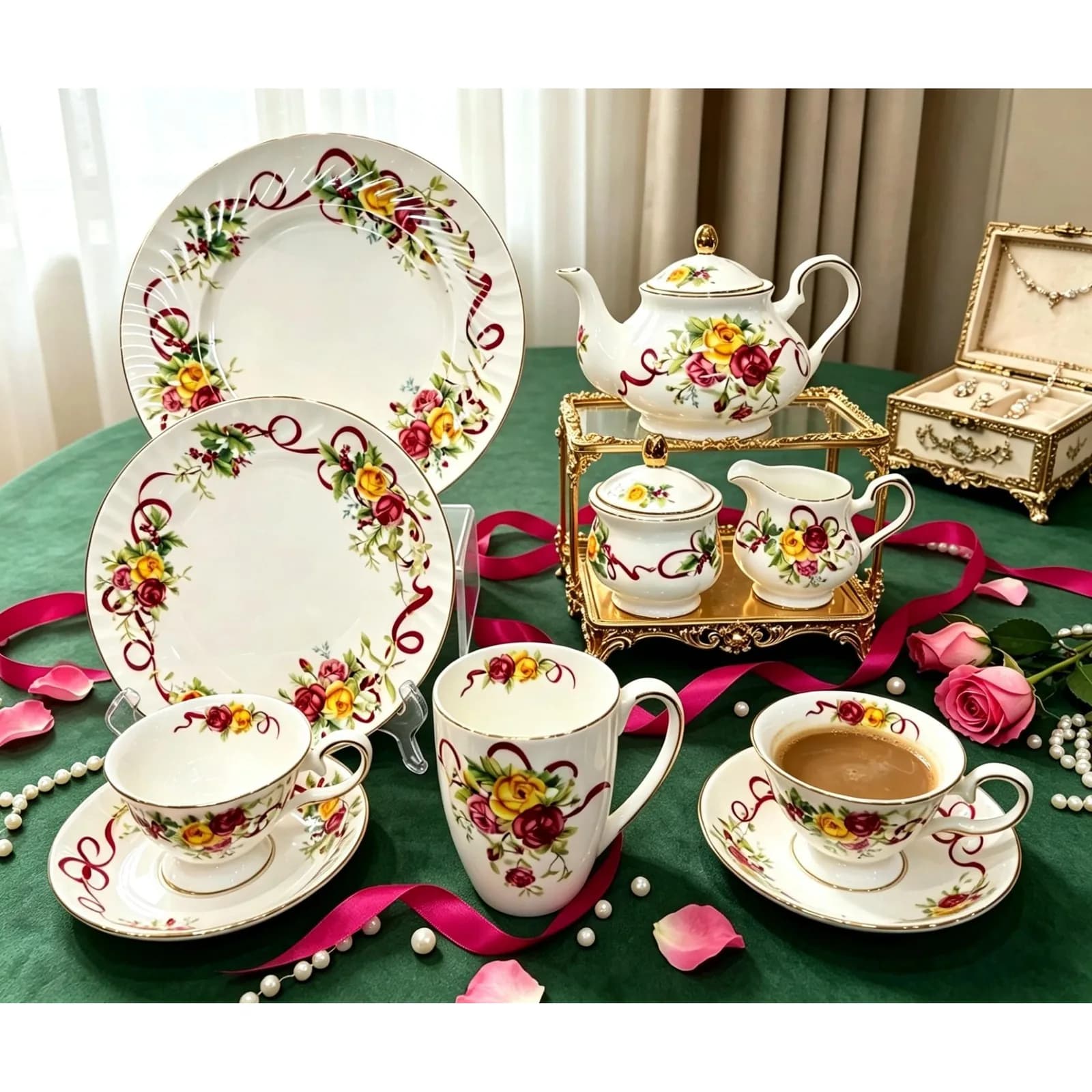 Çini çay və süfrə dəsti, i̇ngilis qızılgülləri və lent, şəkil 1