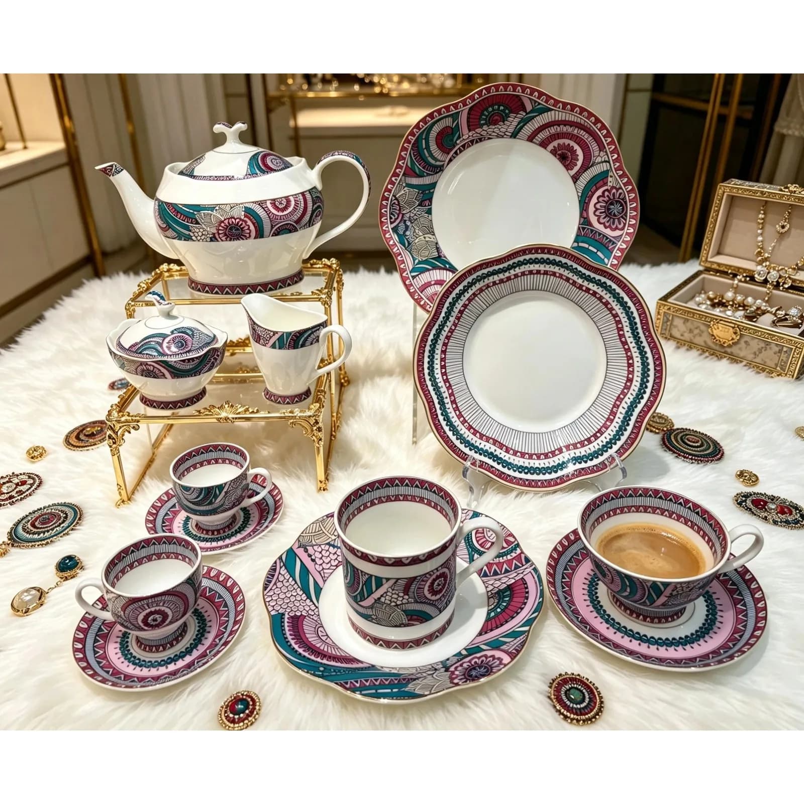 Çini çay və süfrə dəsti, çəhrayı-firuzəyi mandala, şəkil 1